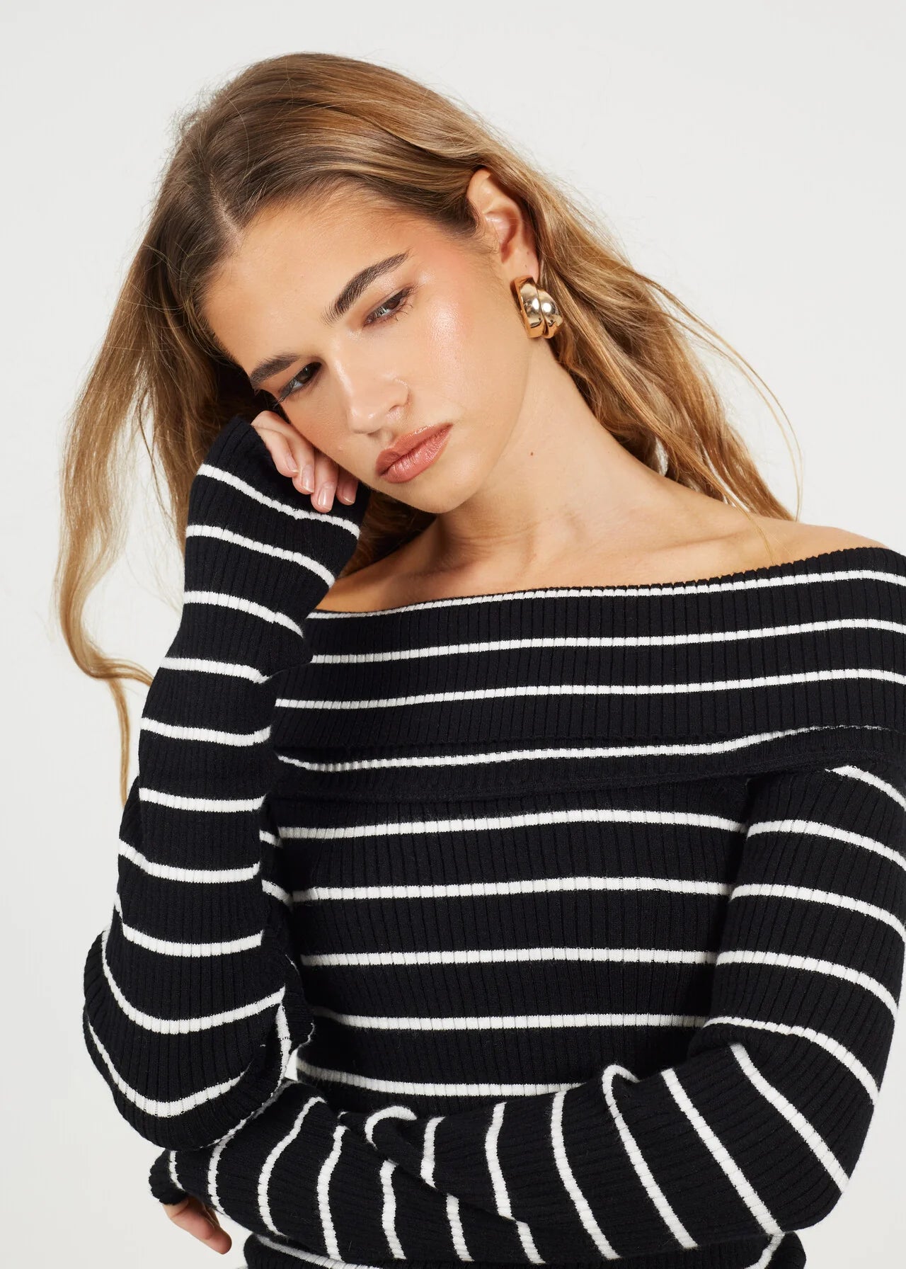 BARDOT RIBBED LONG SLEEVE JUMPER, BLACK/CREAM STRIPE