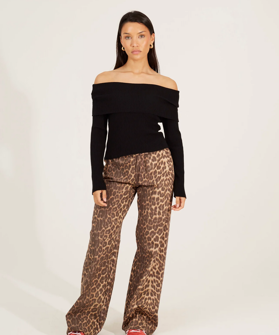 Brave Soul Bardot Ribbed Long Sleeve Jumper – Black