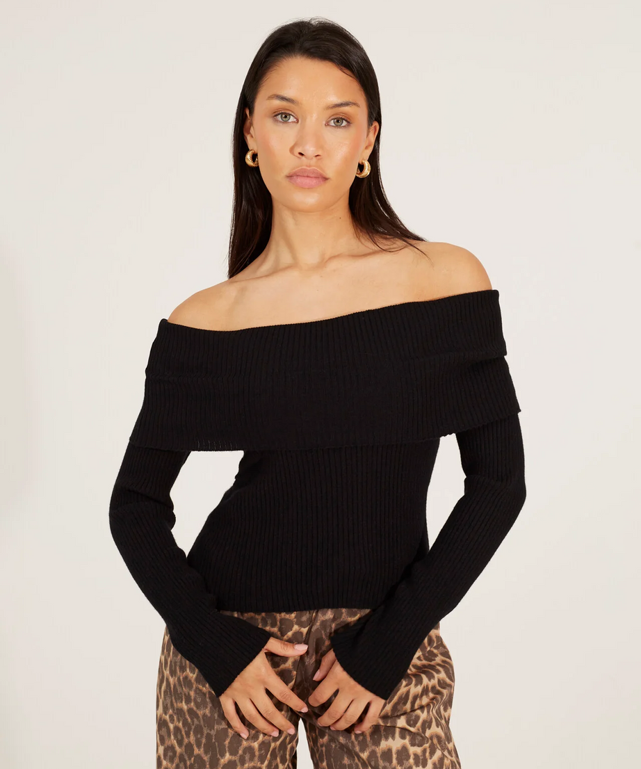 Brave Soul Bardot Ribbed Long Sleeve Jumper – Black