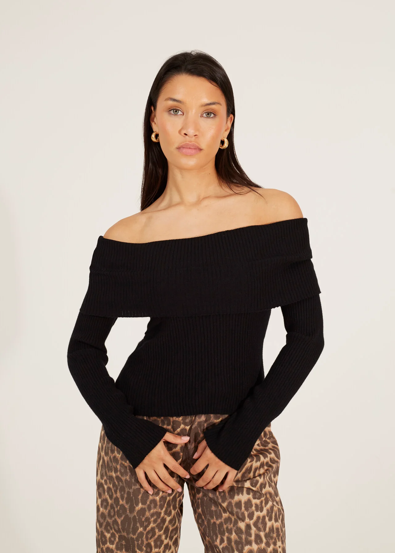 Brave Soul Bardot Ribbed Long Sleeve Jumper – Black