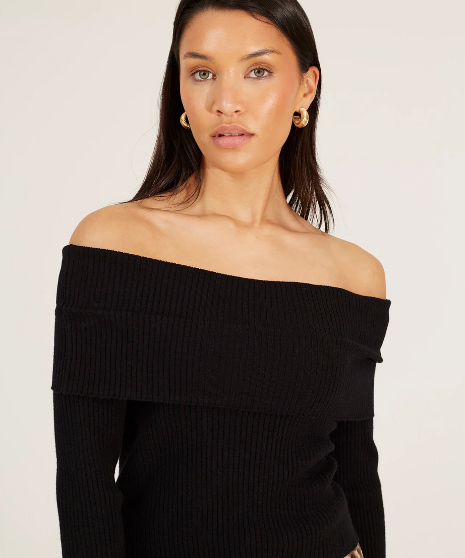 Brave Soul Bardot Ribbed Long Sleeve Jumper – Black
