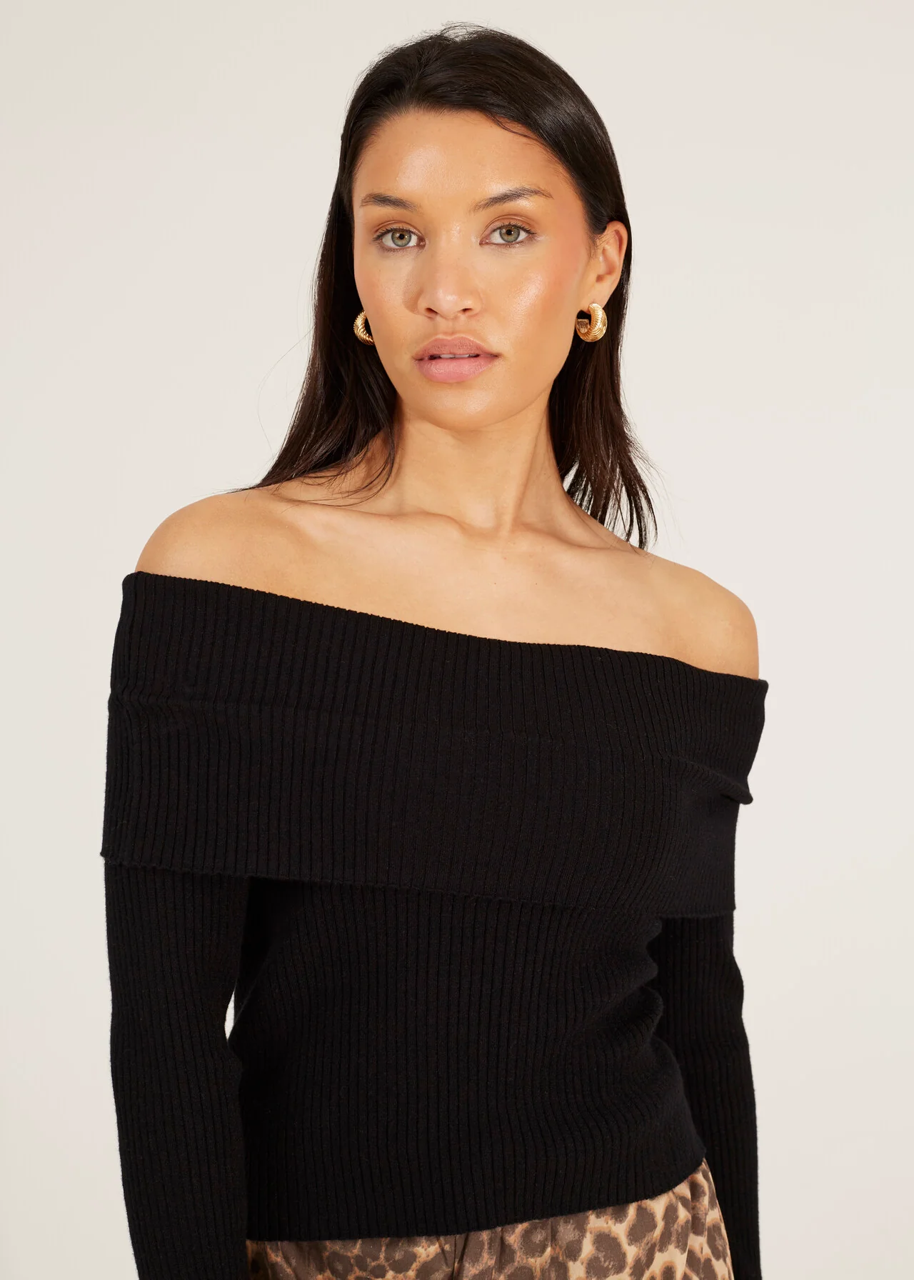 Brave Soul Bardot Ribbed Long Sleeve Jumper – Black