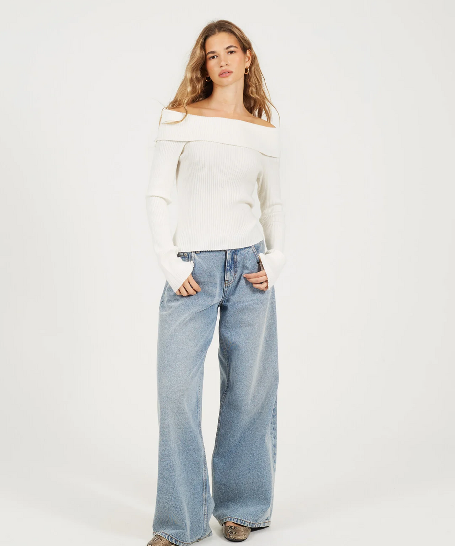 Brave Soul Bardot Ribbed Long Sleeve Jumper – Black