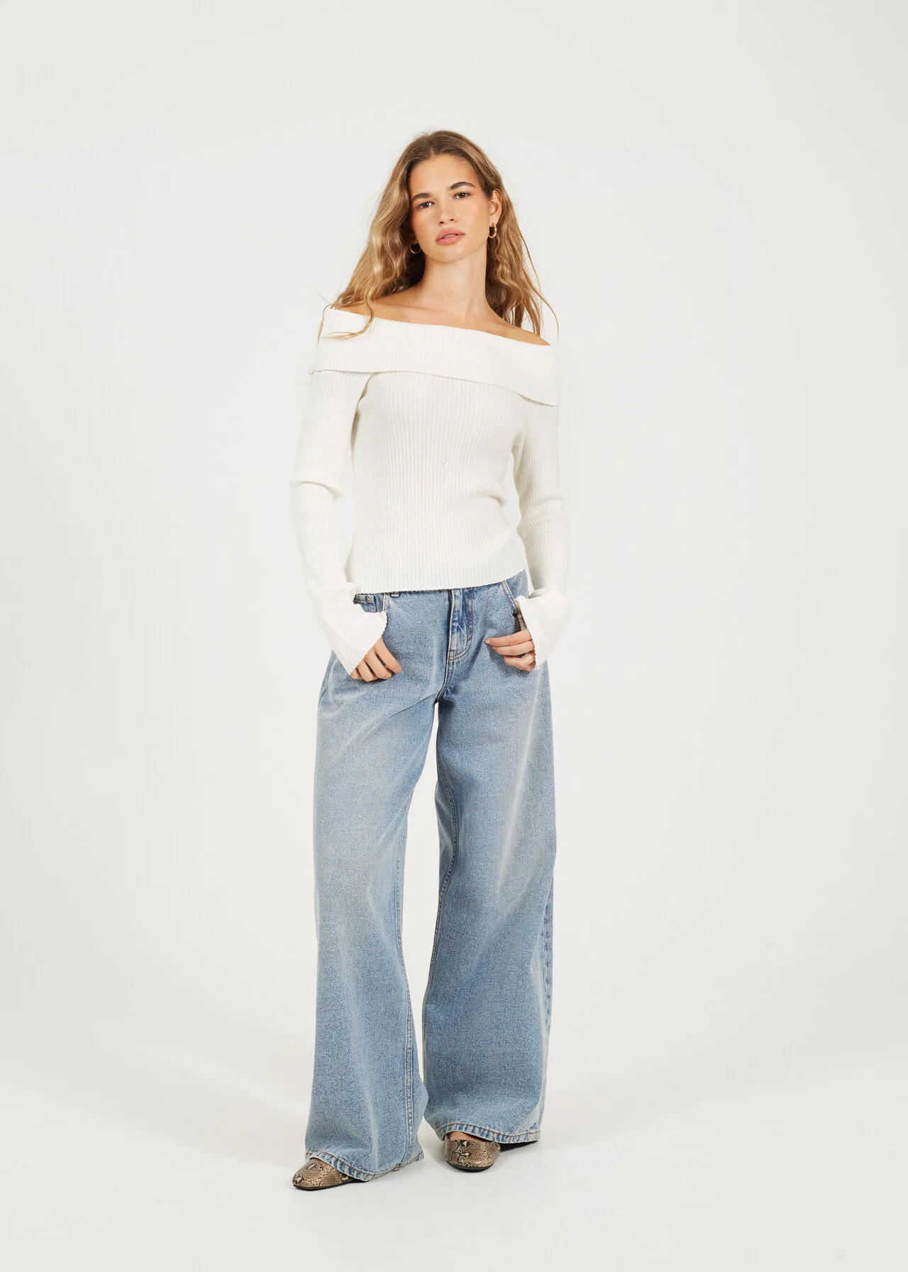 Brave Soul Bardot Ribbed Long Sleeve Jumper – Black