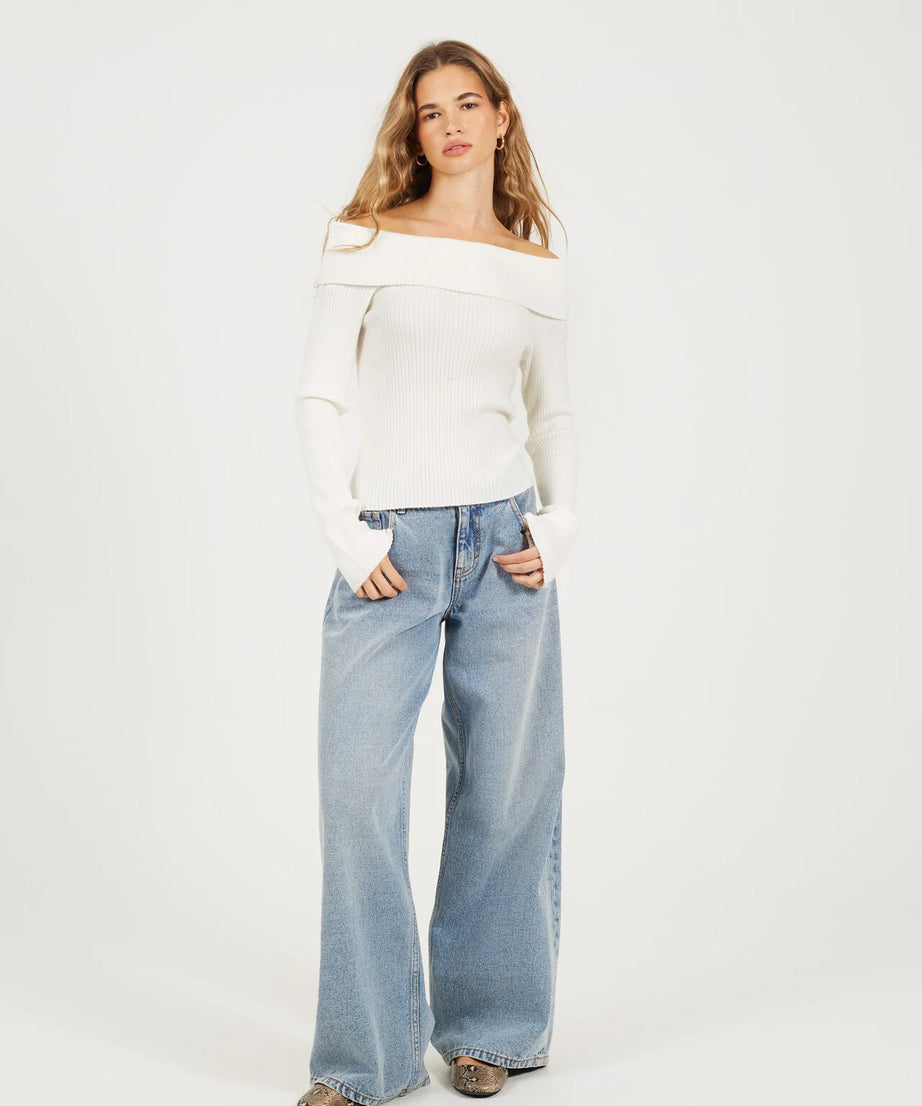 BARDOT RIBBED LONG SLEEVE JUMPER, CREAM