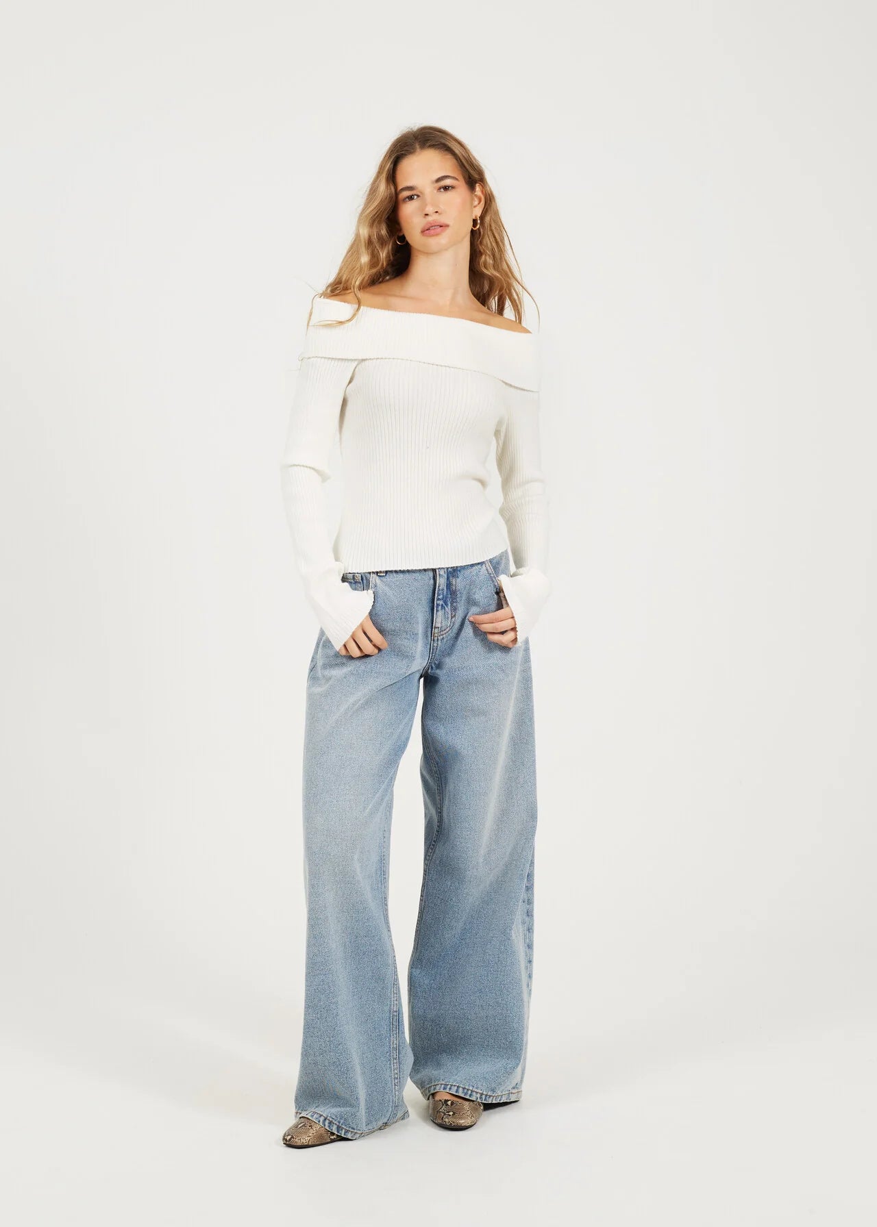 BARDOT RIBBED LONG SLEEVE JUMPER, CREAM