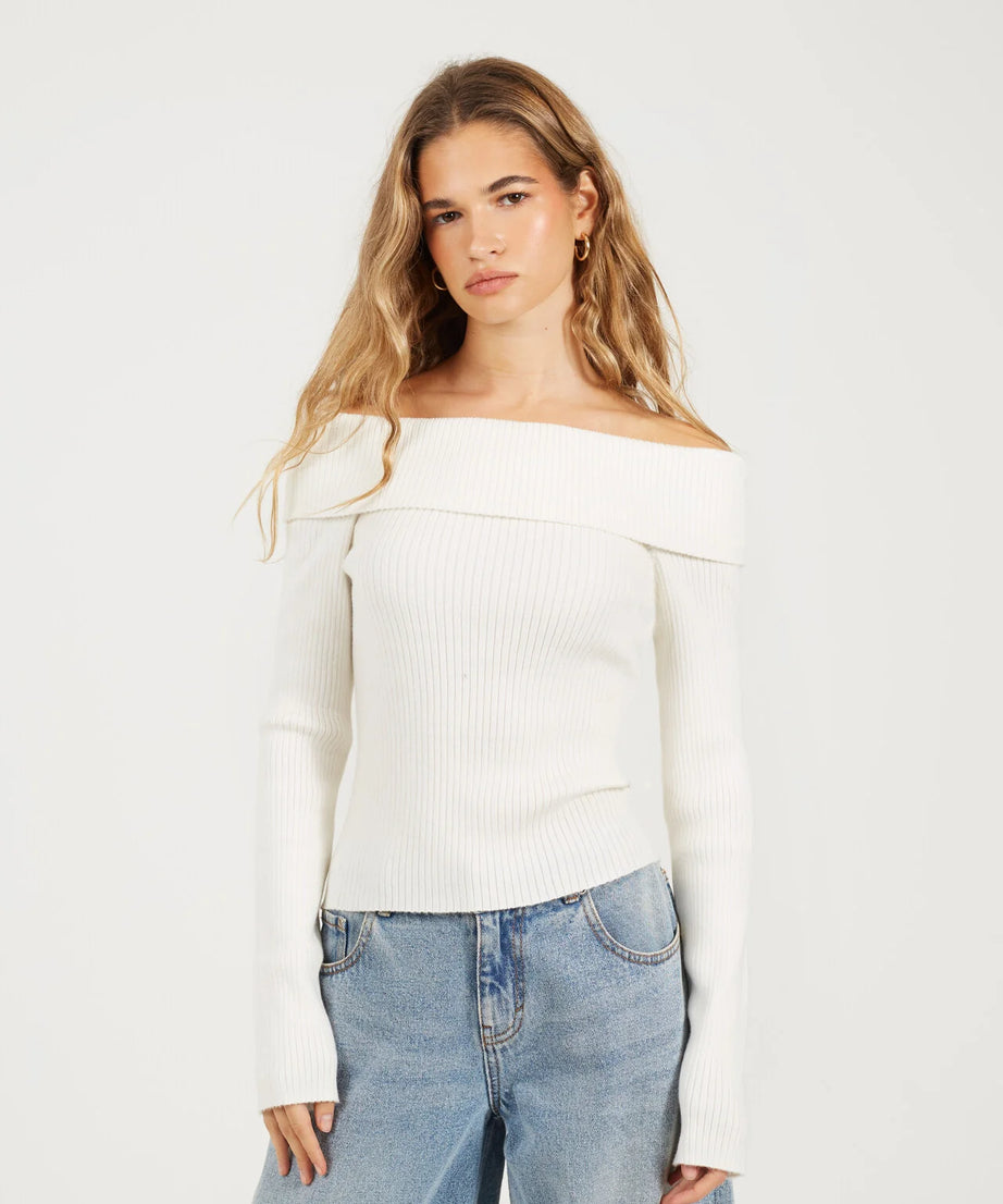 BARDOT RIBBED LONG SLEEVE JUMPER, CREAM