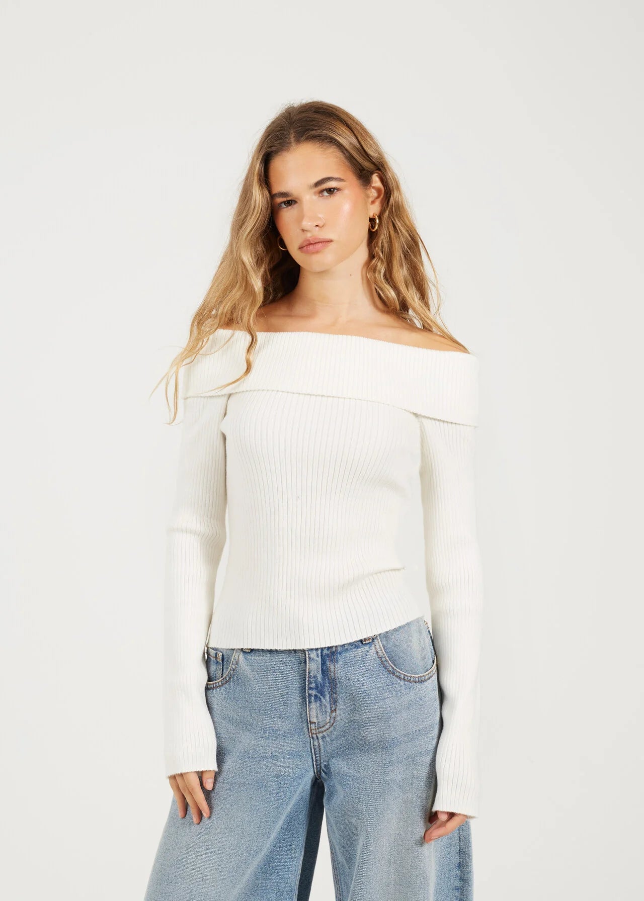 BARDOT RIBBED LONG SLEEVE JUMPER, CREAM