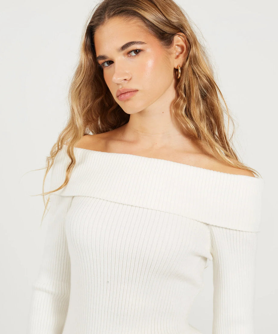 BARDOT RIBBED LONG SLEEVE JUMPER, CREAM