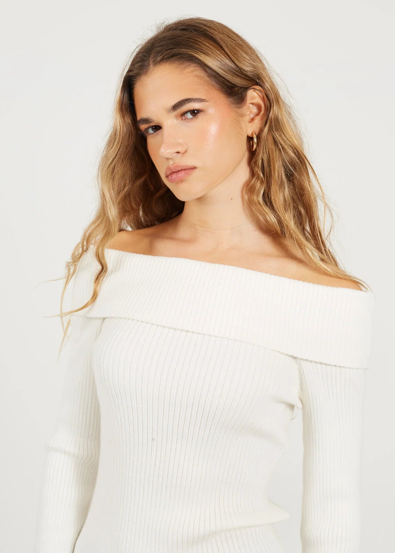 BARDOT RIBBED LONG SLEEVE JUMPER, CREAM