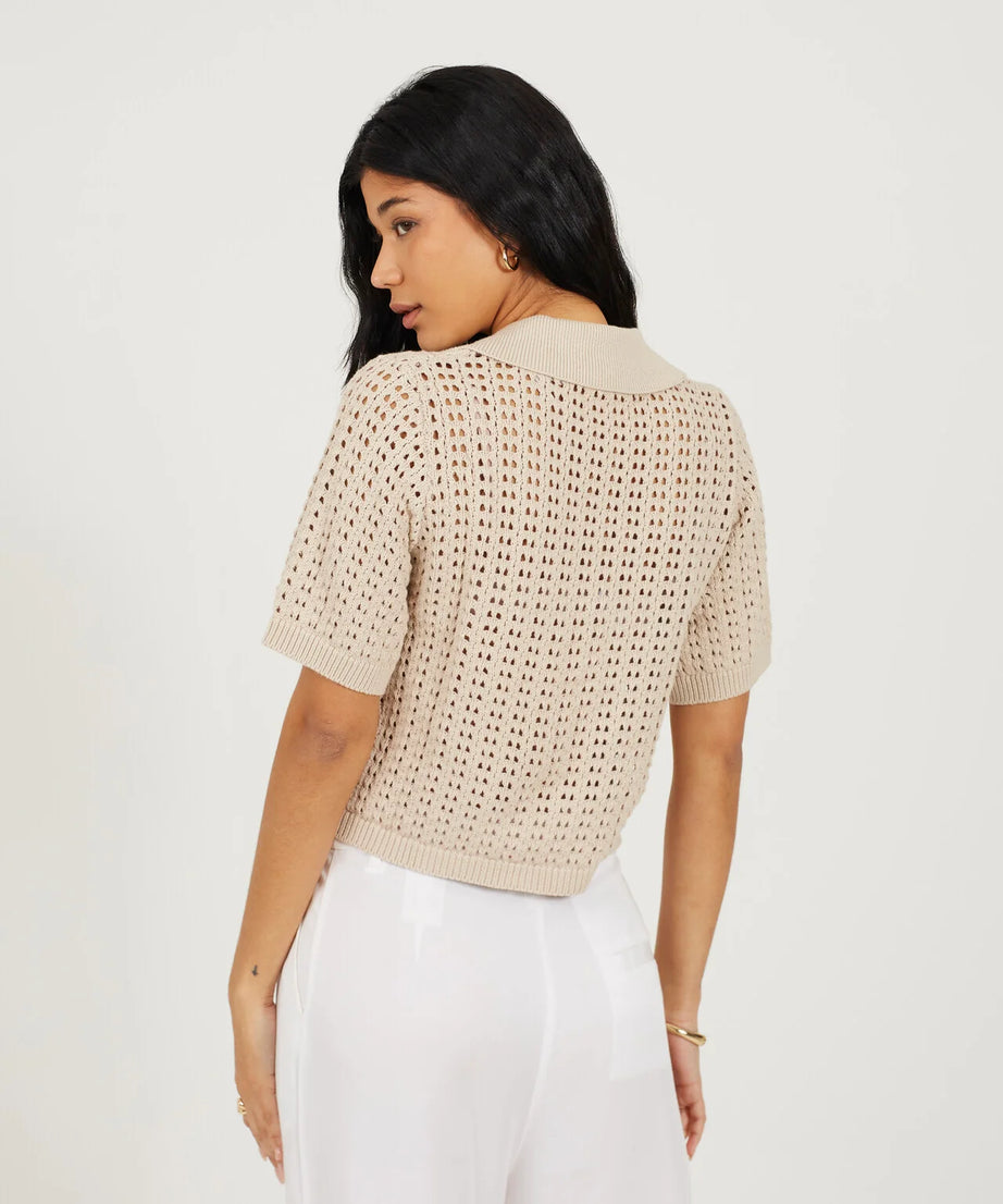 KNITTED CROPPED COLARED T-SHIRT, STONE