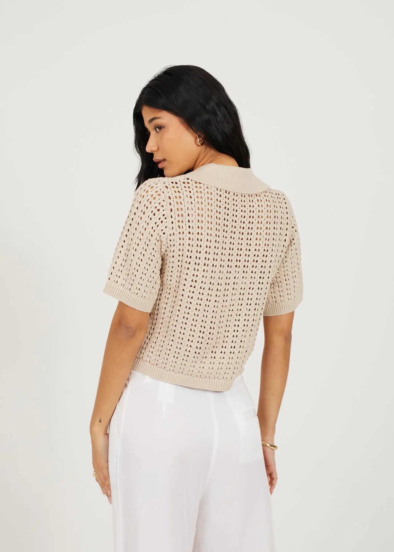 KNITTED CROPPED COLARED T-SHIRT, STONE