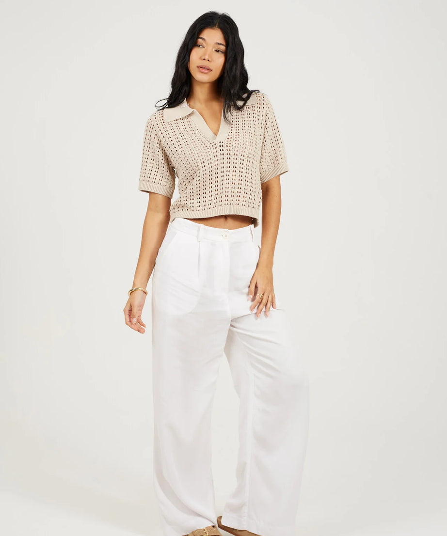 KNITTED CROPPED COLARED T-SHIRT, STONE