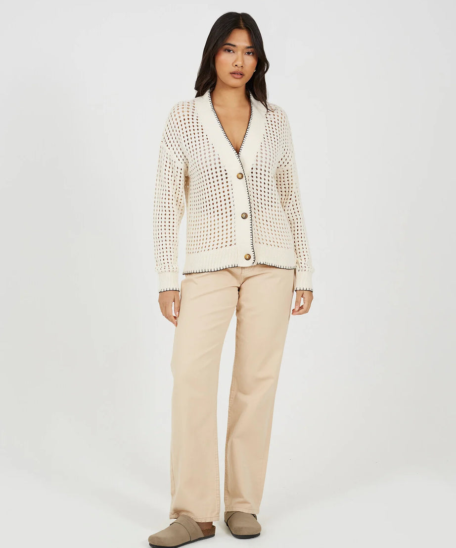 OPEN KNIT CONTRAST EDGE V NECK CARDIGAN, CREAM