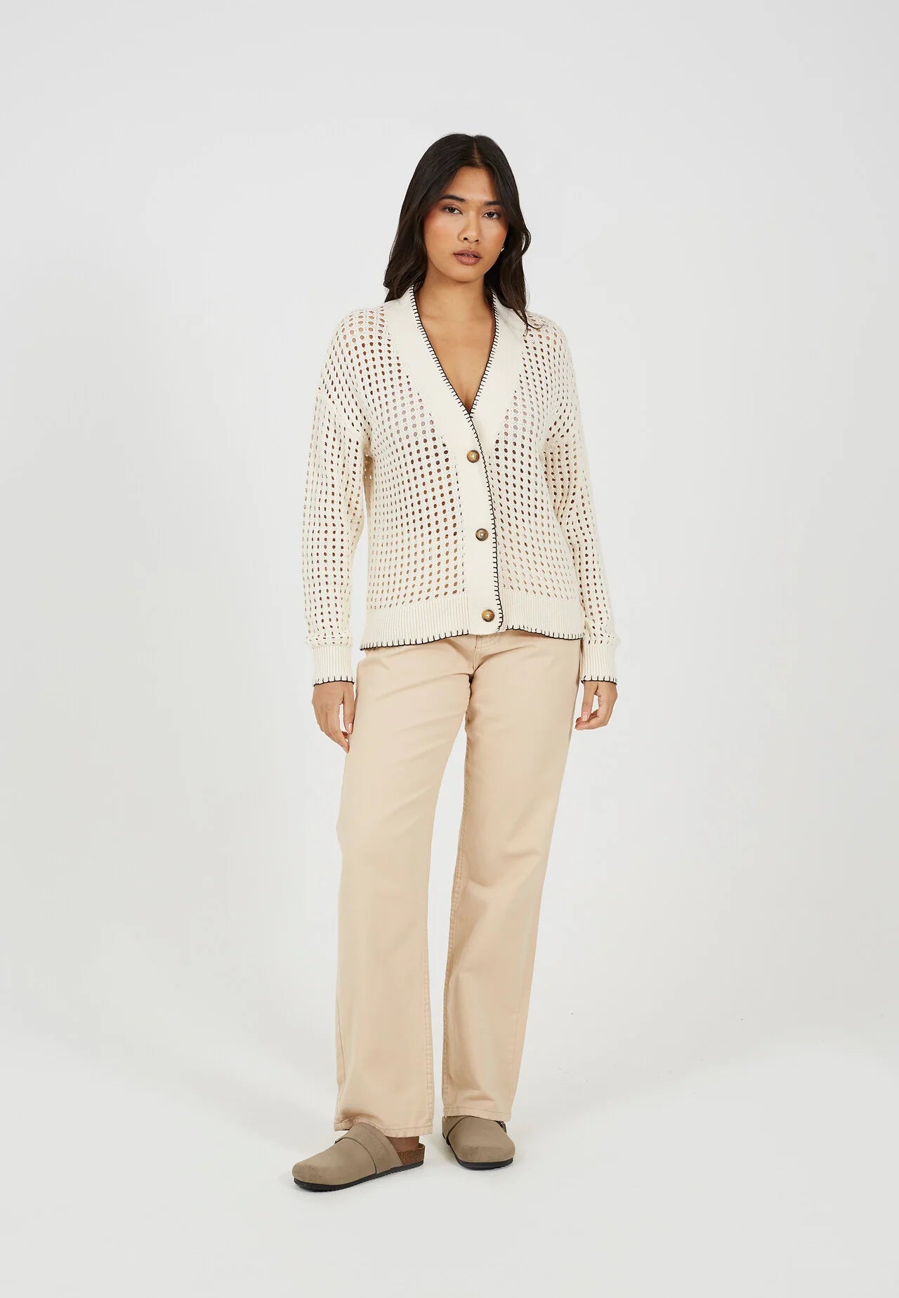 OPEN KNIT CONTRAST EDGE V NECK CARDIGAN, CREAM