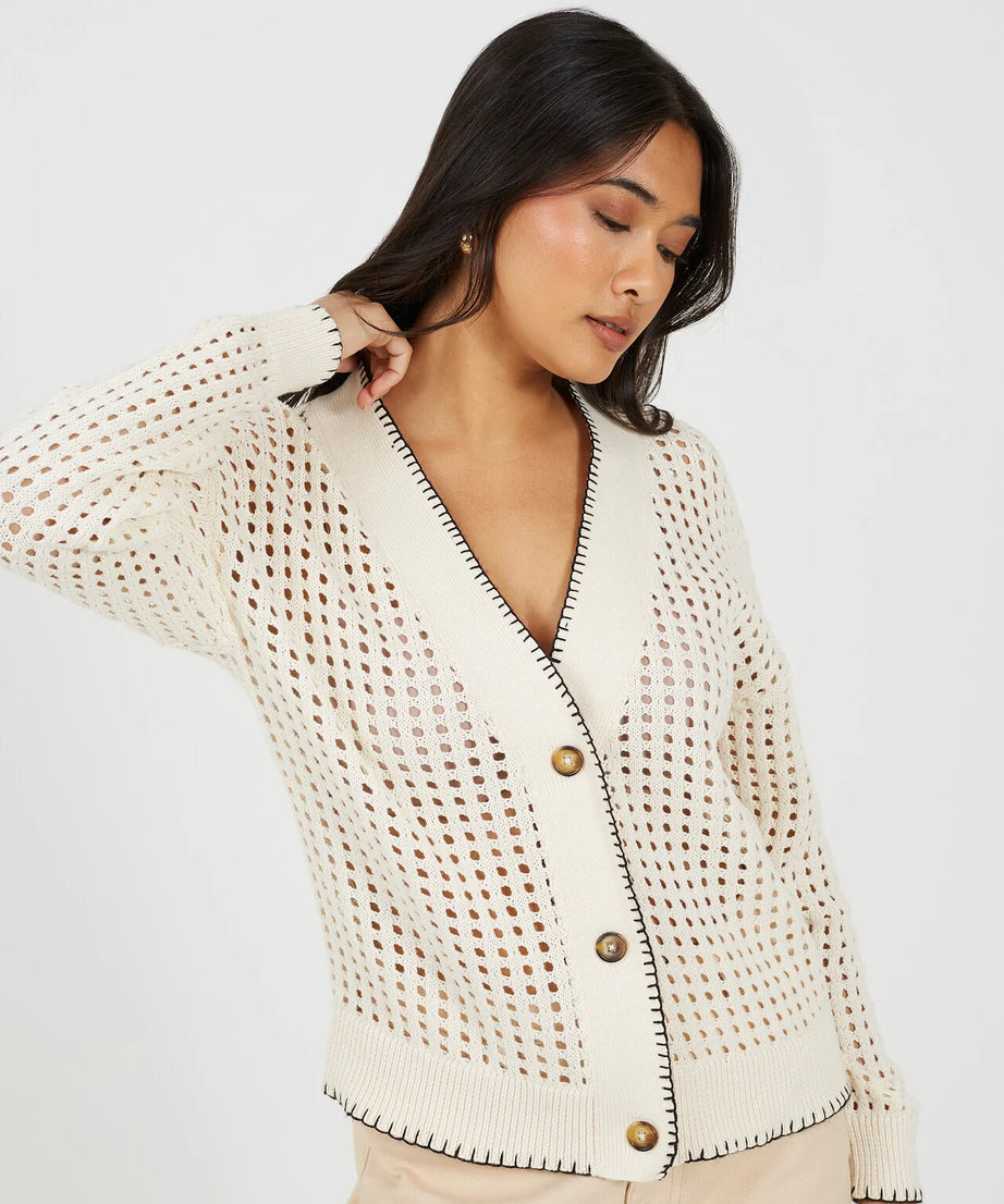 OPEN KNIT CONTRAST EDGE V NECK CARDIGAN, CREAM