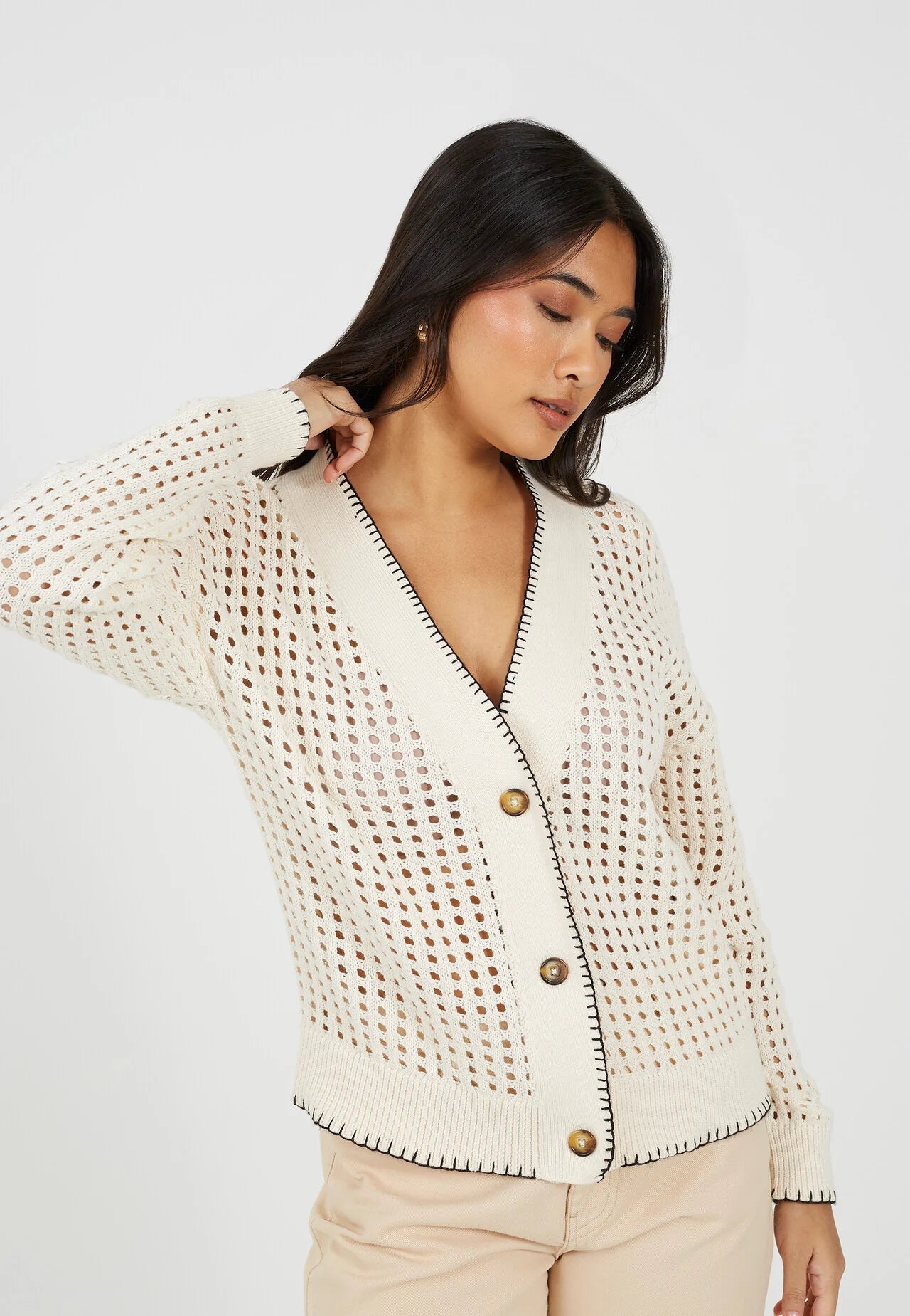 OPEN KNIT CONTRAST EDGE V NECK CARDIGAN, CREAM