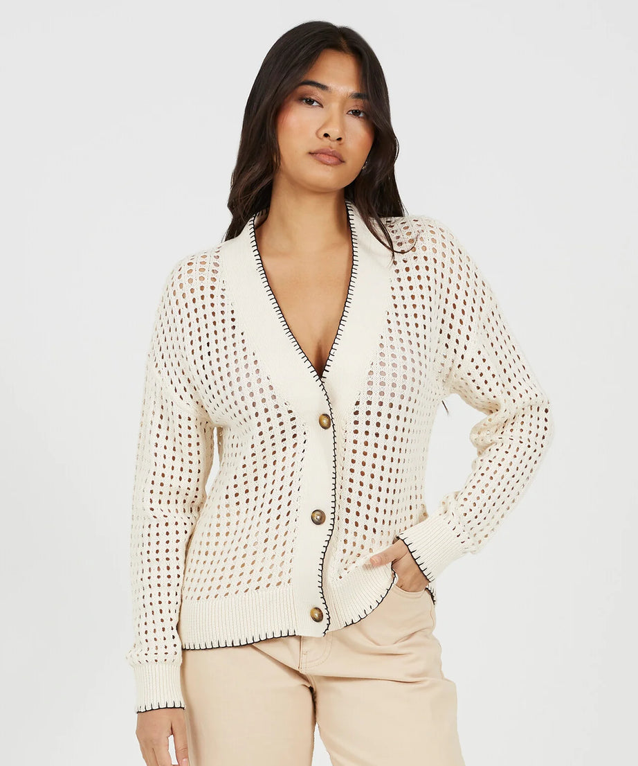 OPEN KNIT CONTRAST EDGE V NECK CARDIGAN, CREAM