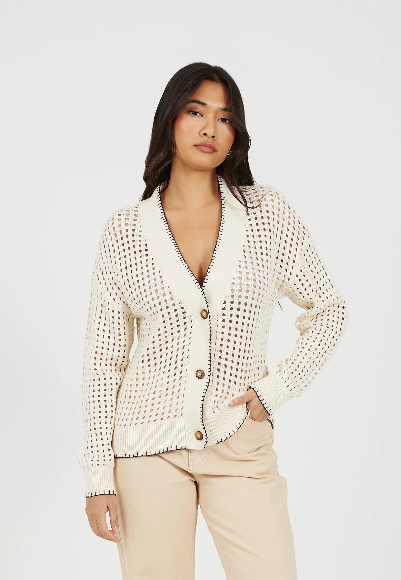 OPEN KNIT CONTRAST EDGE V NECK CARDIGAN, CREAM