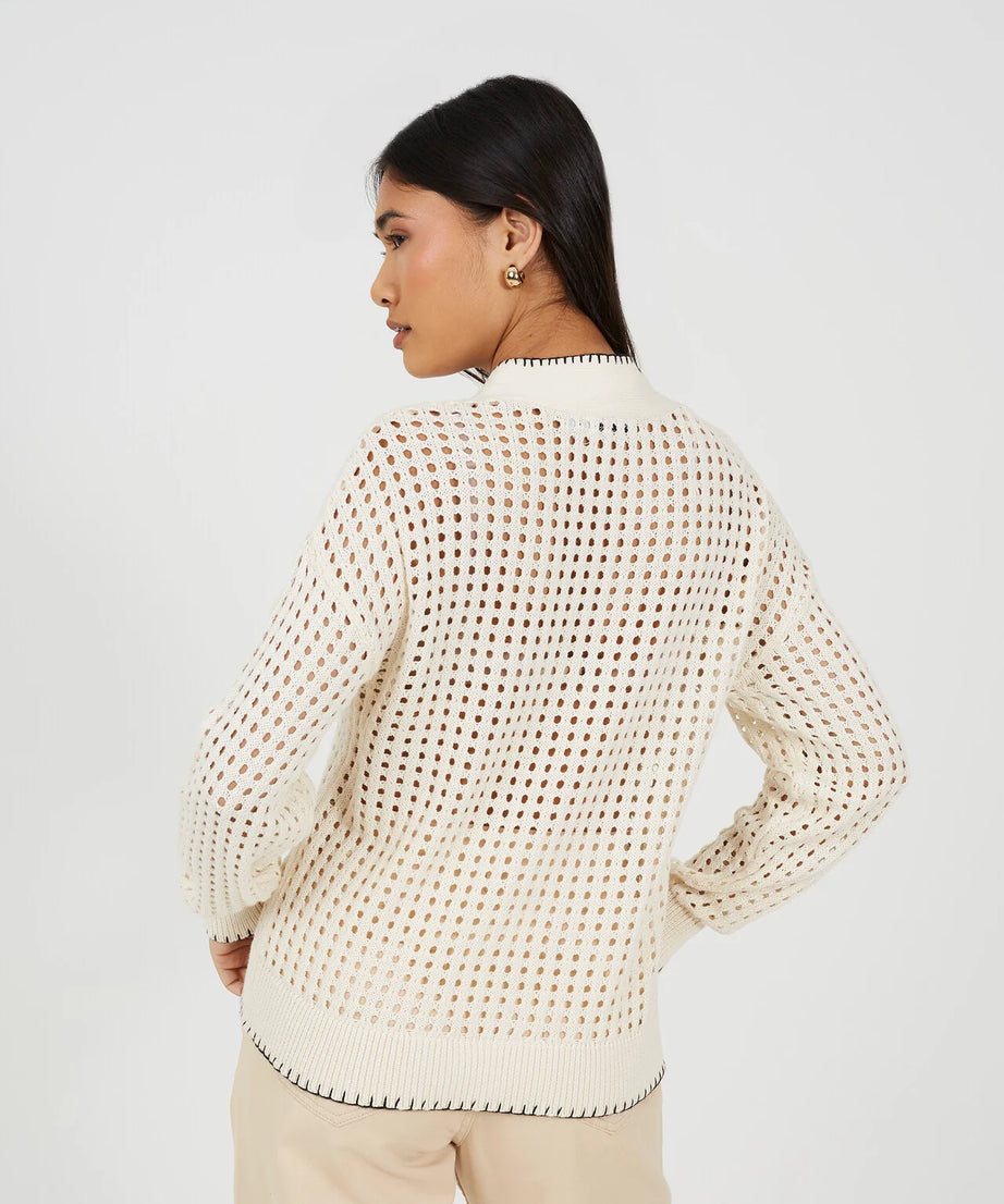 OPEN KNIT CONTRAST EDGE V NECK CARDIGAN, CREAM