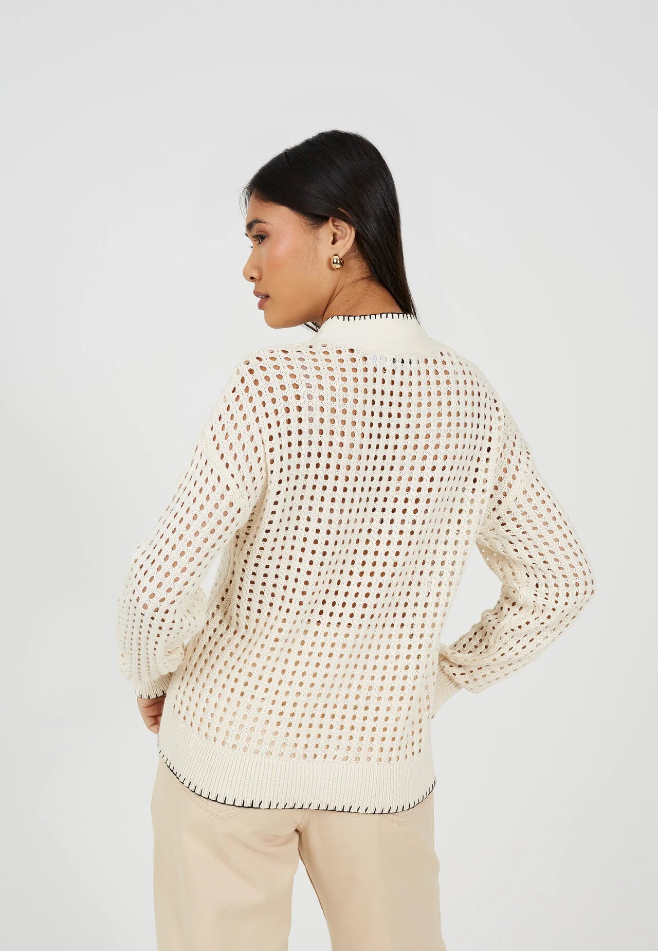 OPEN KNIT CONTRAST EDGE V NECK CARDIGAN, CREAM