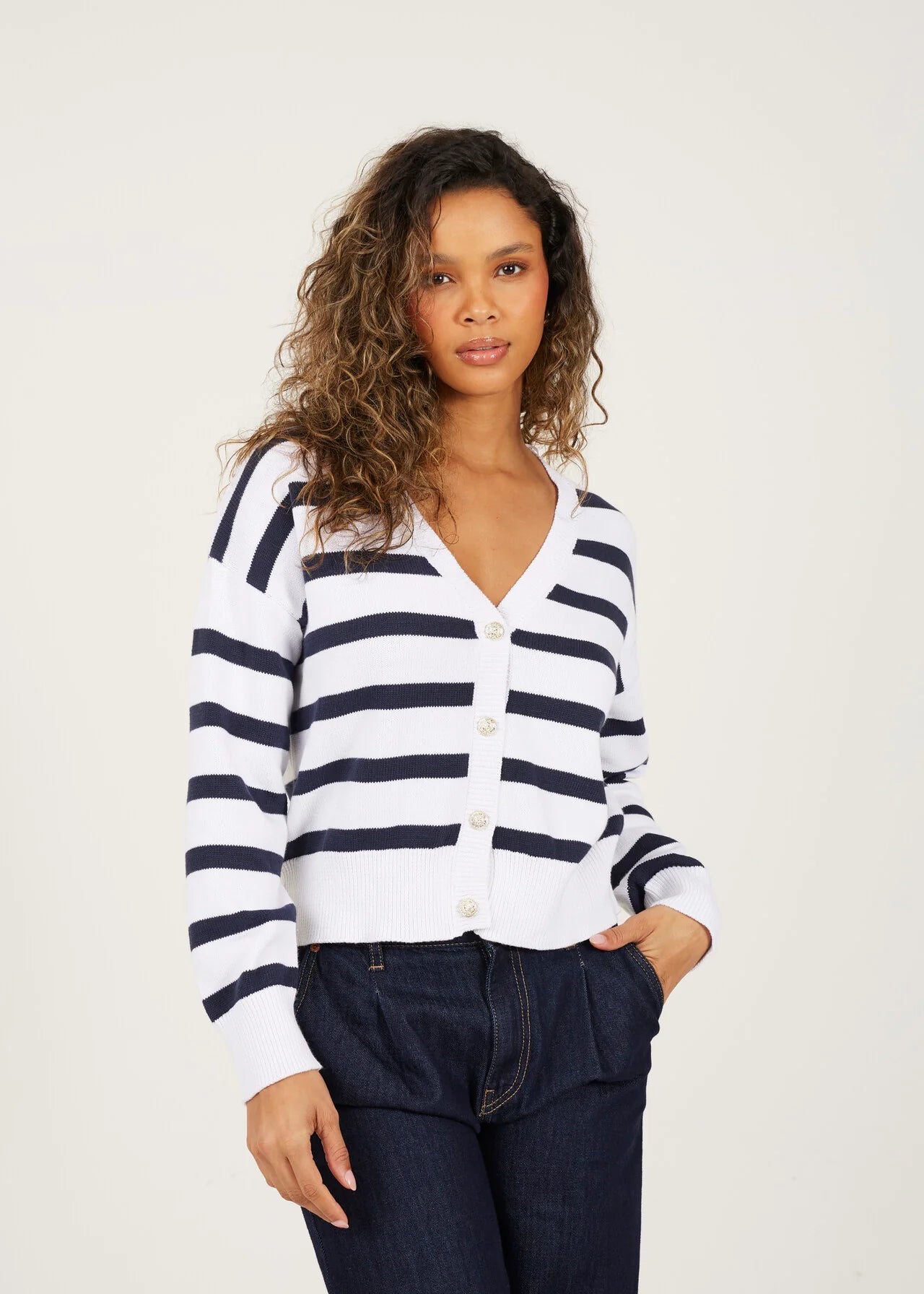 V NECK STRIPED CARDIGAN