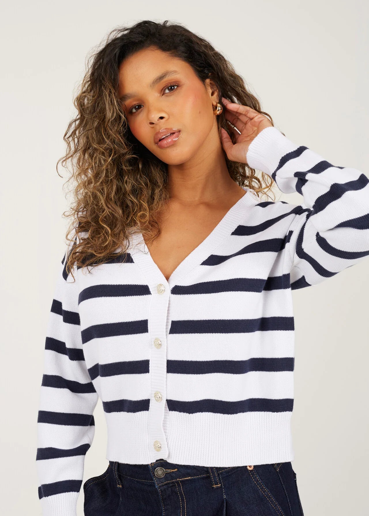 V NECK STRIPED CARDIGAN