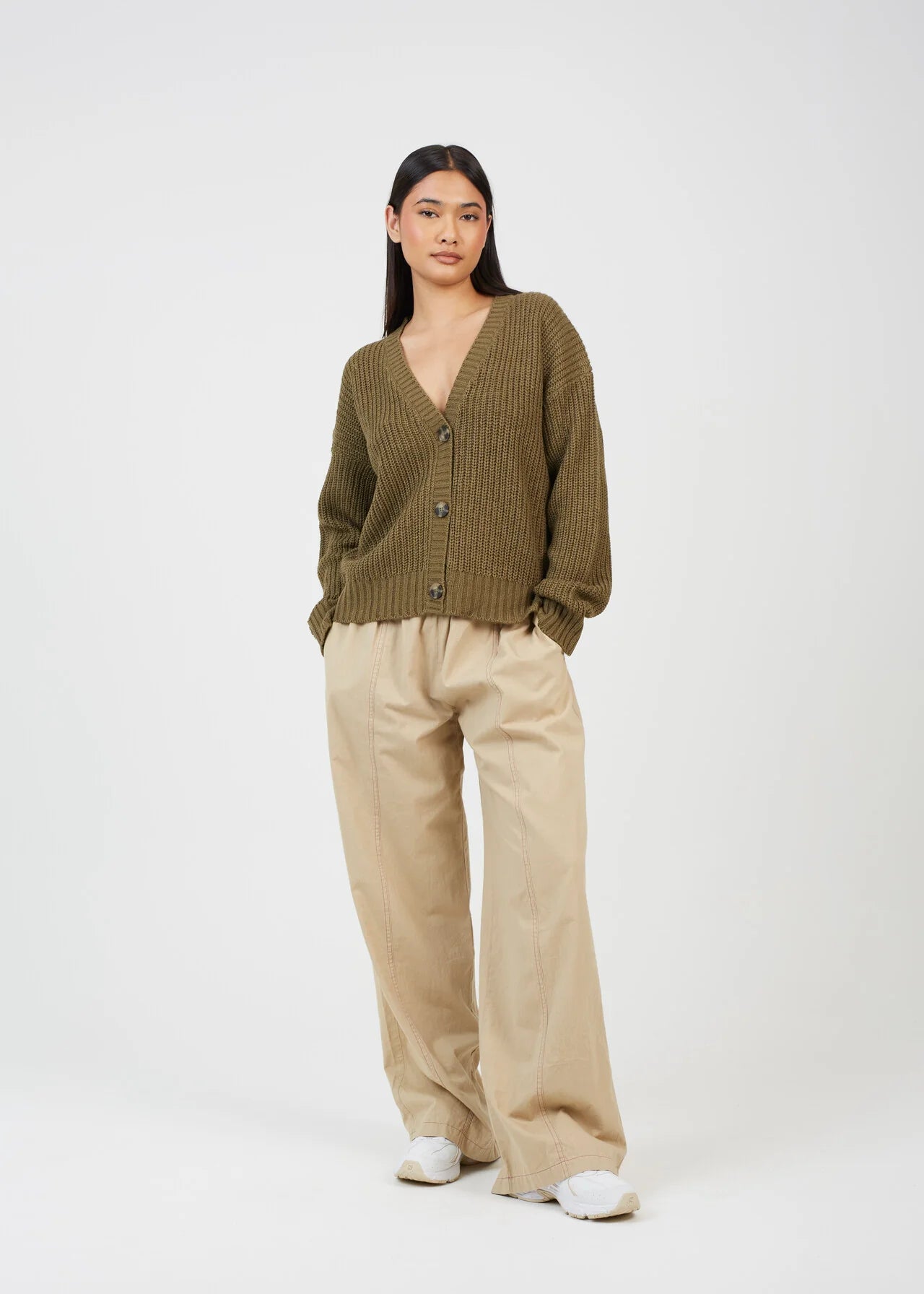 V-NECK FISHERMAN KNIT CARDIGAN, KHAKI