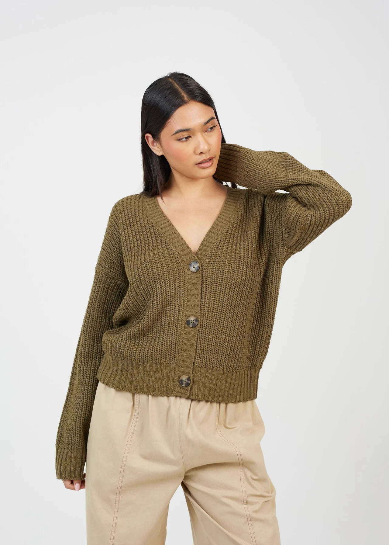 V-NECK FISHERMAN KNIT CARDIGAN, KHAKI