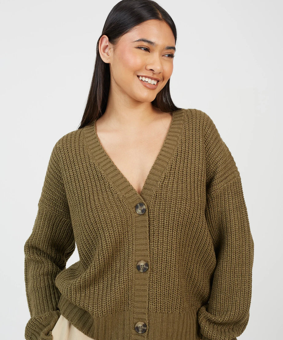 V-NECK FISHERMAN KNIT CARDIGAN, KHAKI
