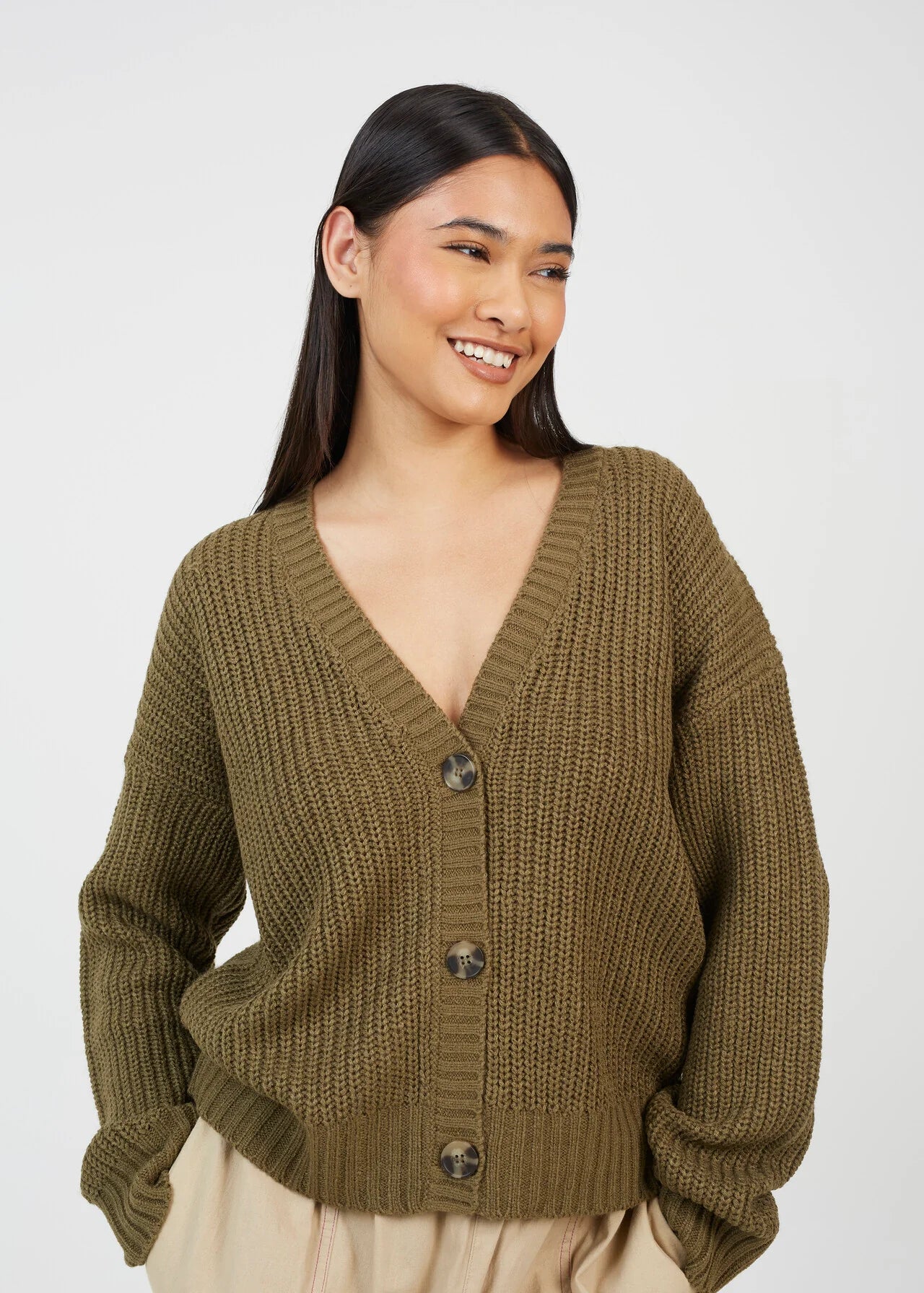 V-NECK FISHERMAN KNIT CARDIGAN, KHAKI