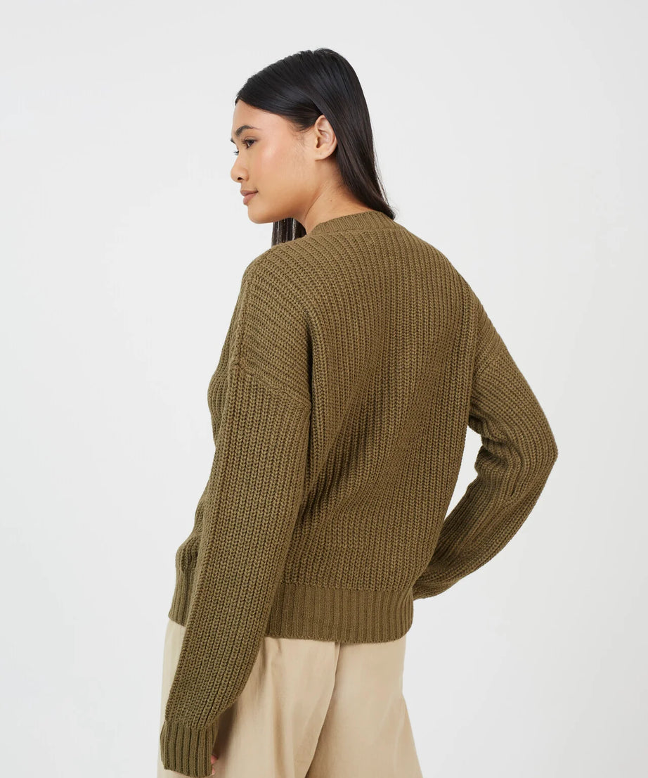 V-NECK FISHERMAN KNIT CARDIGAN, KHAKI
