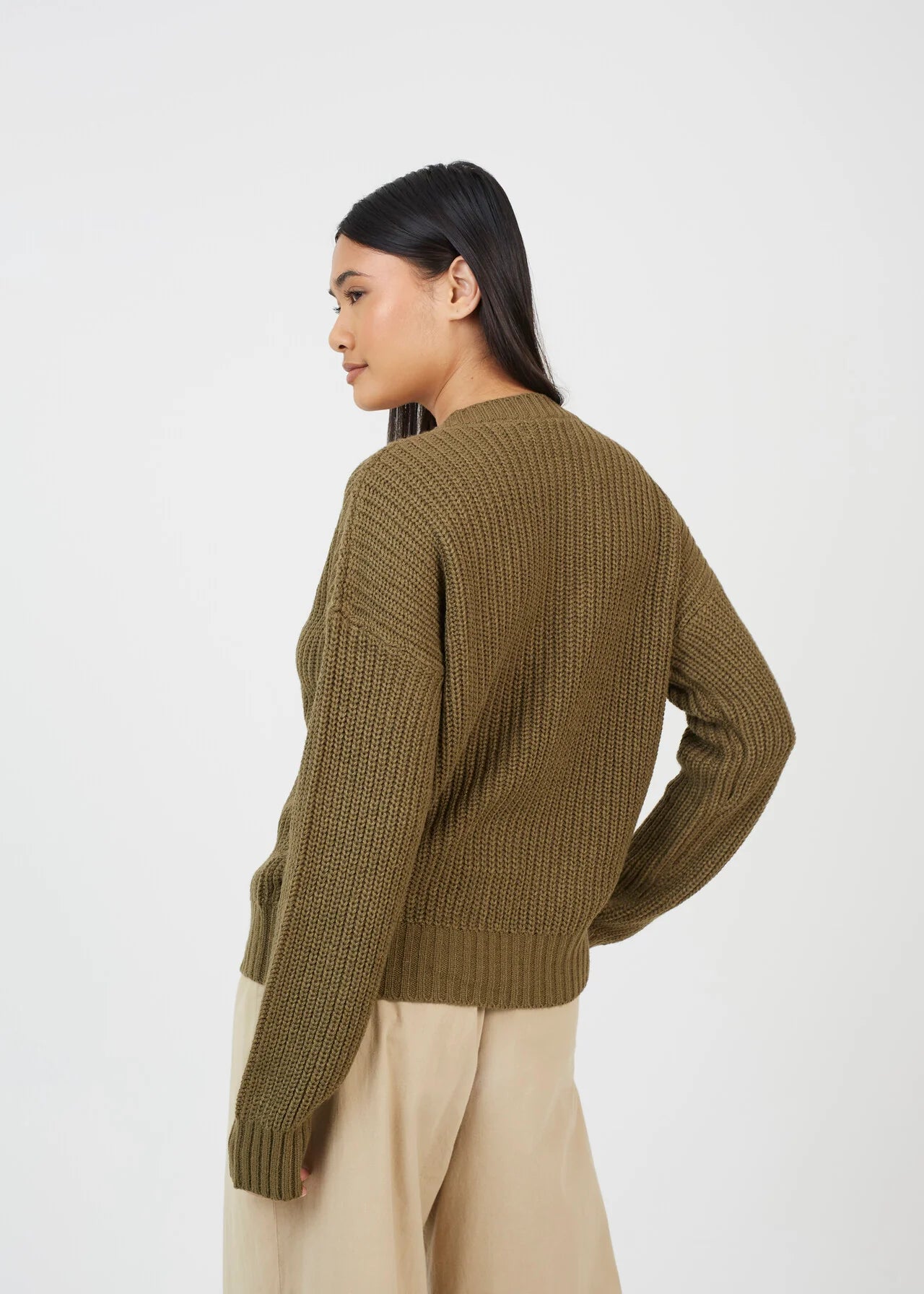 V-NECK FISHERMAN KNIT CARDIGAN, KHAKI