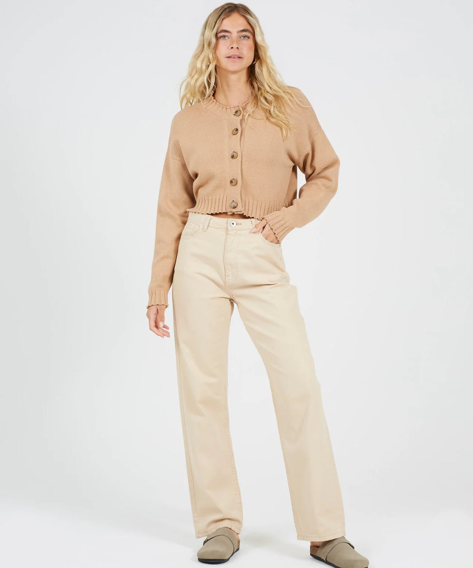 BOXY CREW NECK CARDIGAN, CAMEL