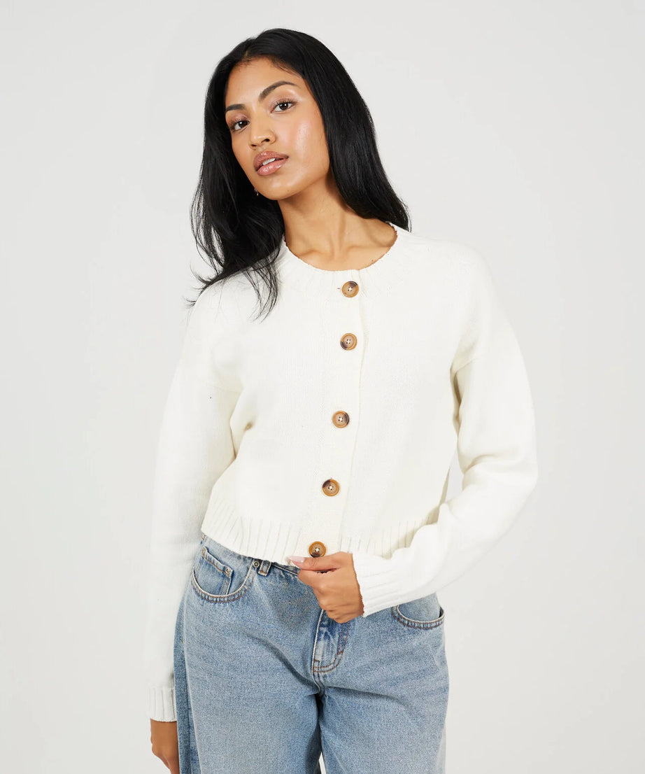 BOXY CREW NECK CARDIGAN, CREAM