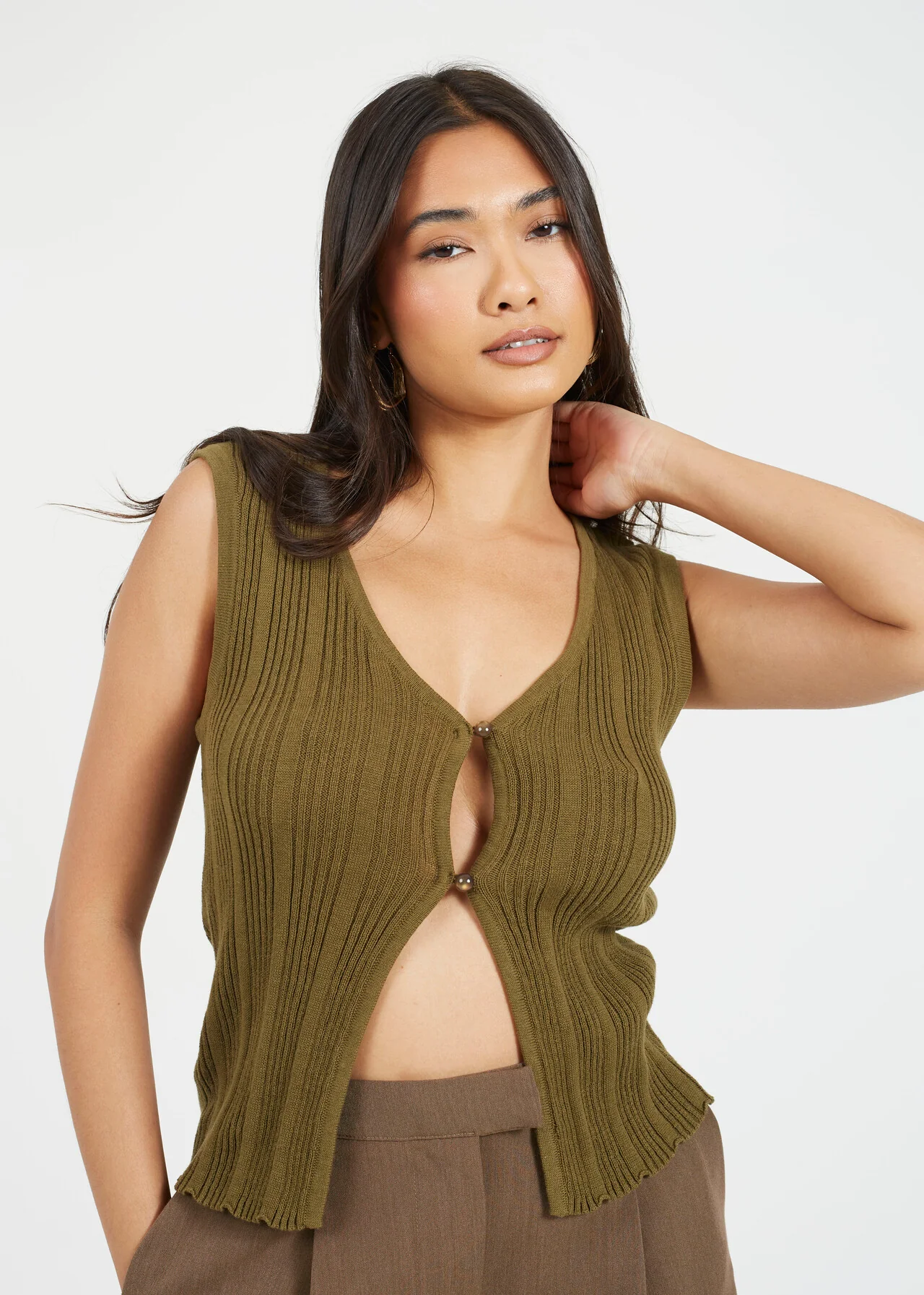 Brave Soul Fine Knit Sleeveless Waistcoat – Khaki | 100% Cotton |