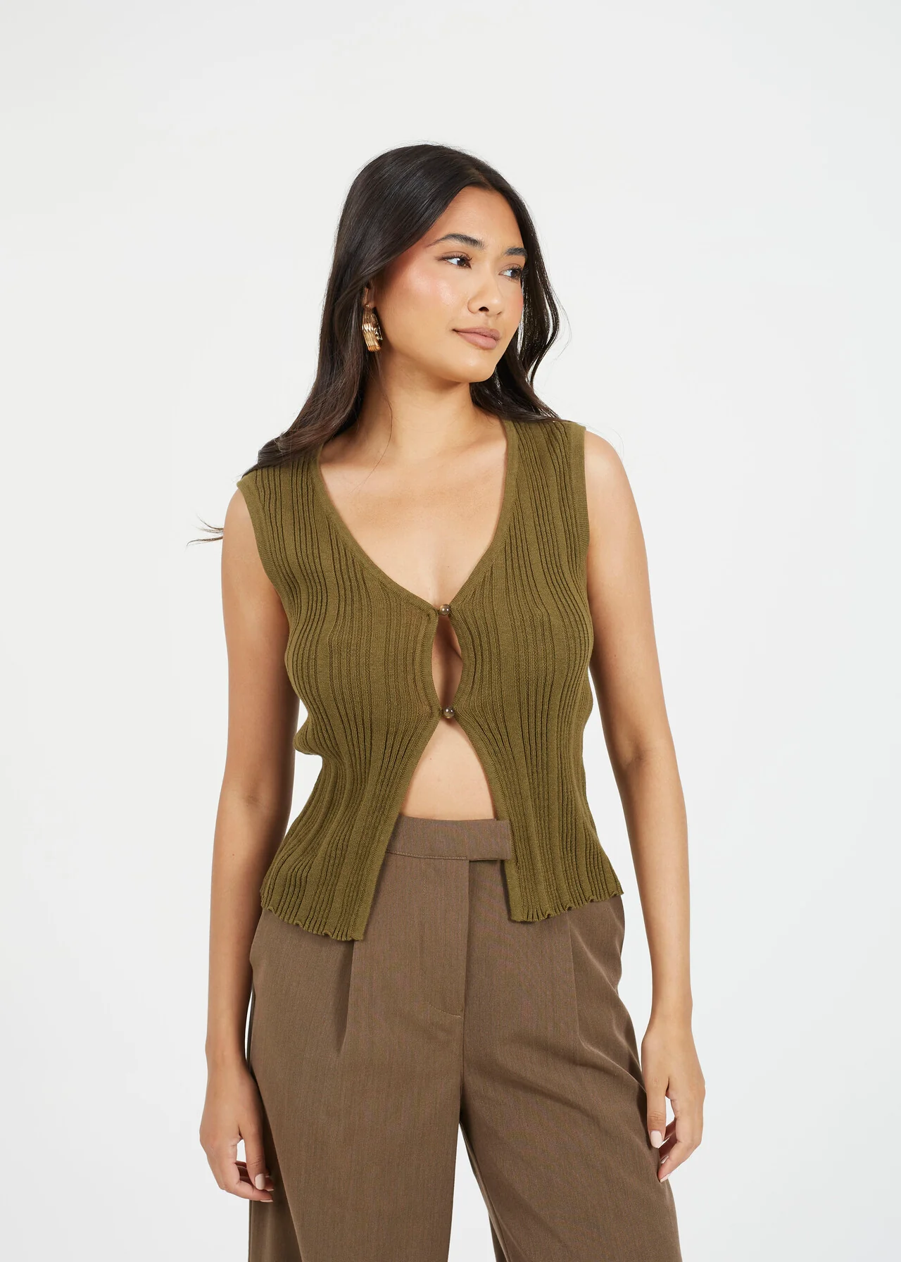 Brave Soul Fine Knit Sleeveless Waistcoat – Khaki | 100% Cotton |