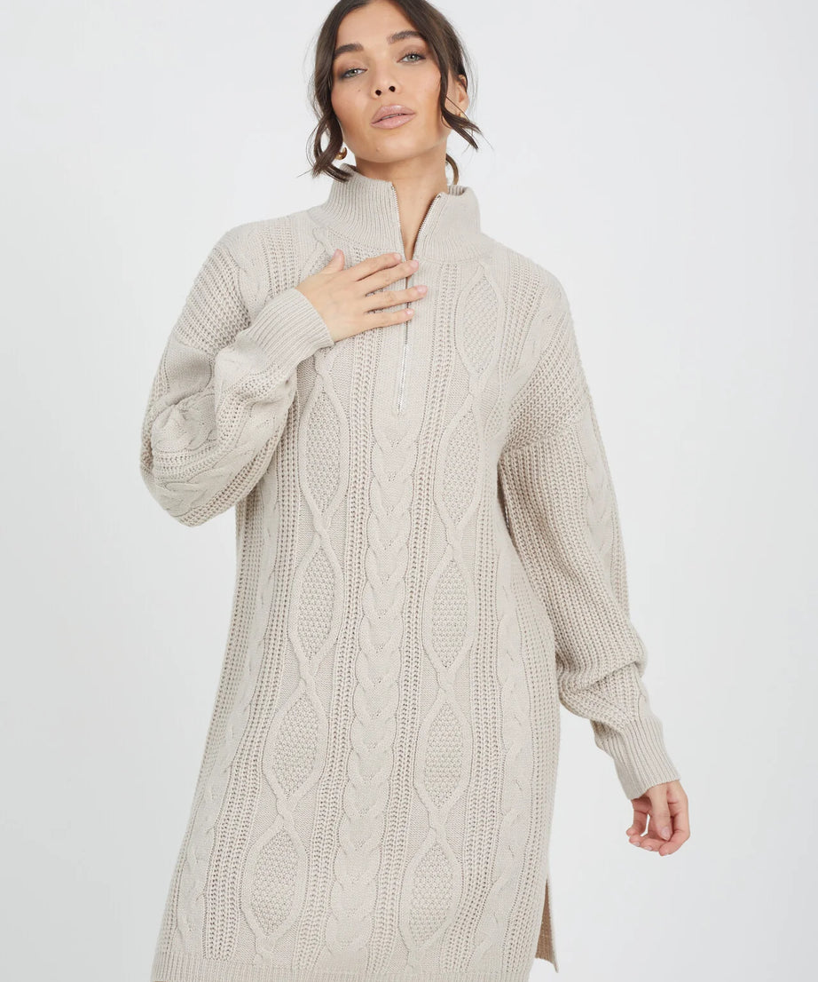 ALL OVER CABLE JUMPER DRESS WITH ZIP NECK, STONE