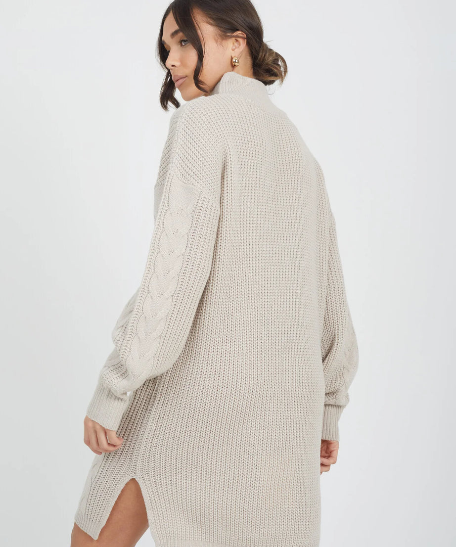 ALL OVER CABLE JUMPER DRESS WITH ZIP NECK, STONE