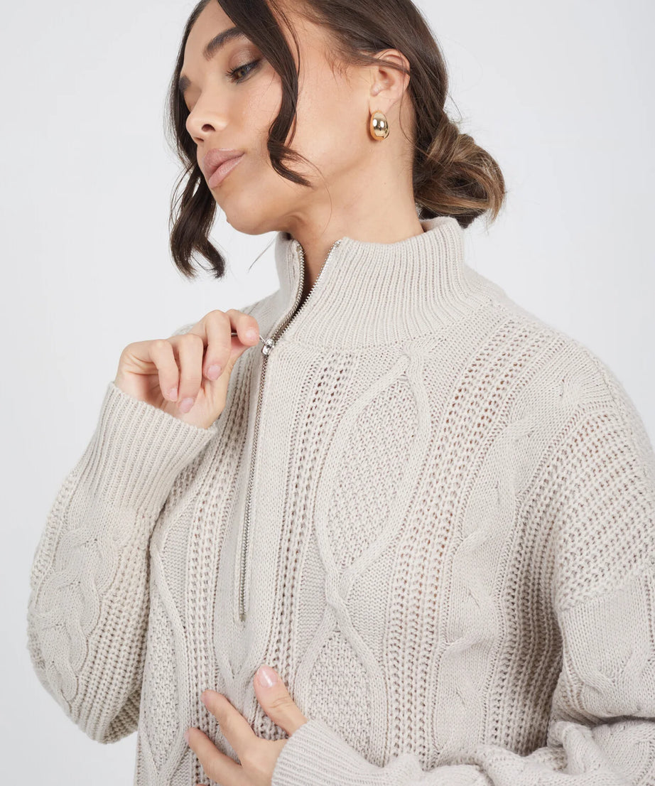 ALL OVER CABLE JUMPER DRESS WITH ZIP NECK, STONE