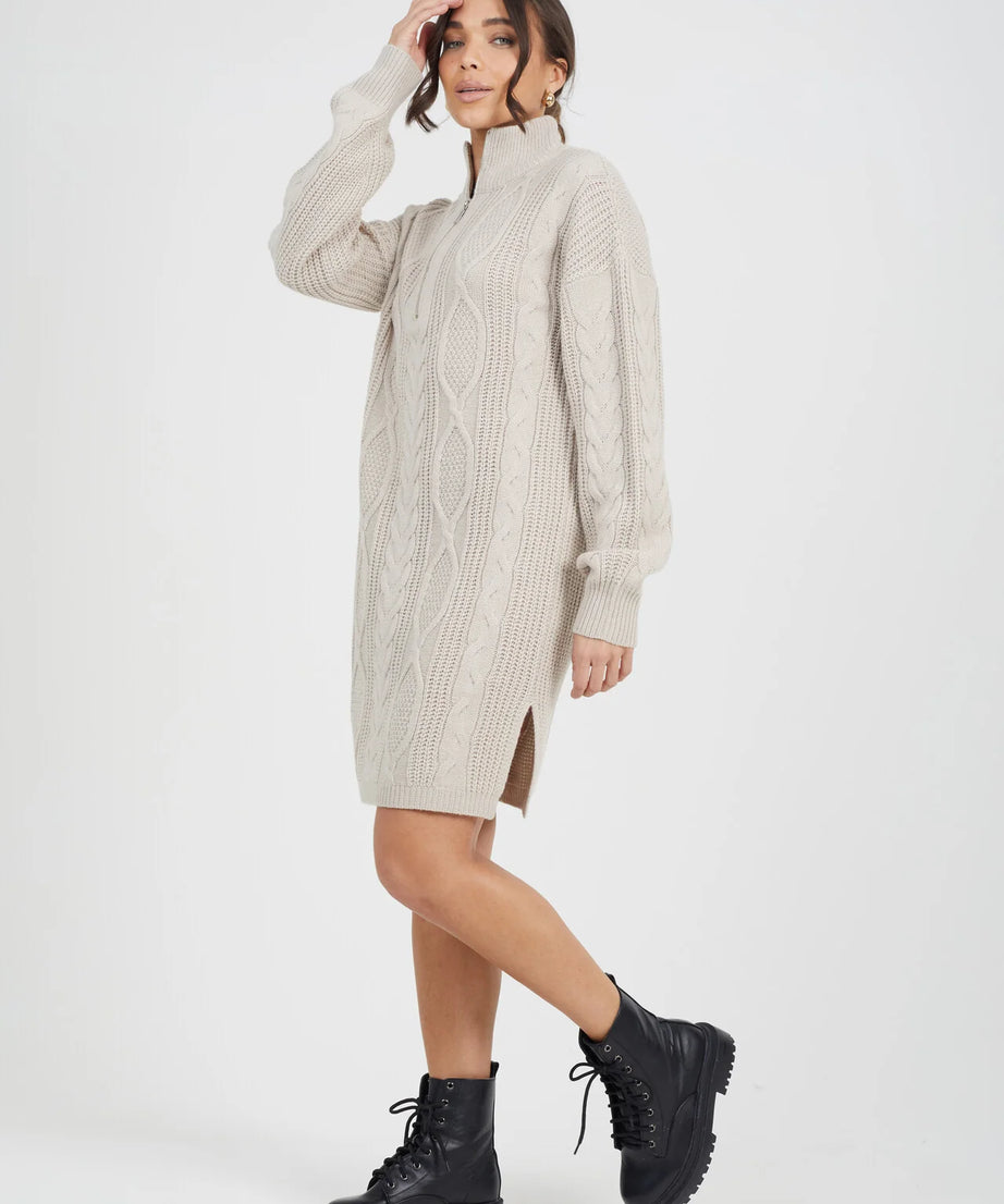 ALL OVER CABLE JUMPER DRESS WITH ZIP NECK, STONE