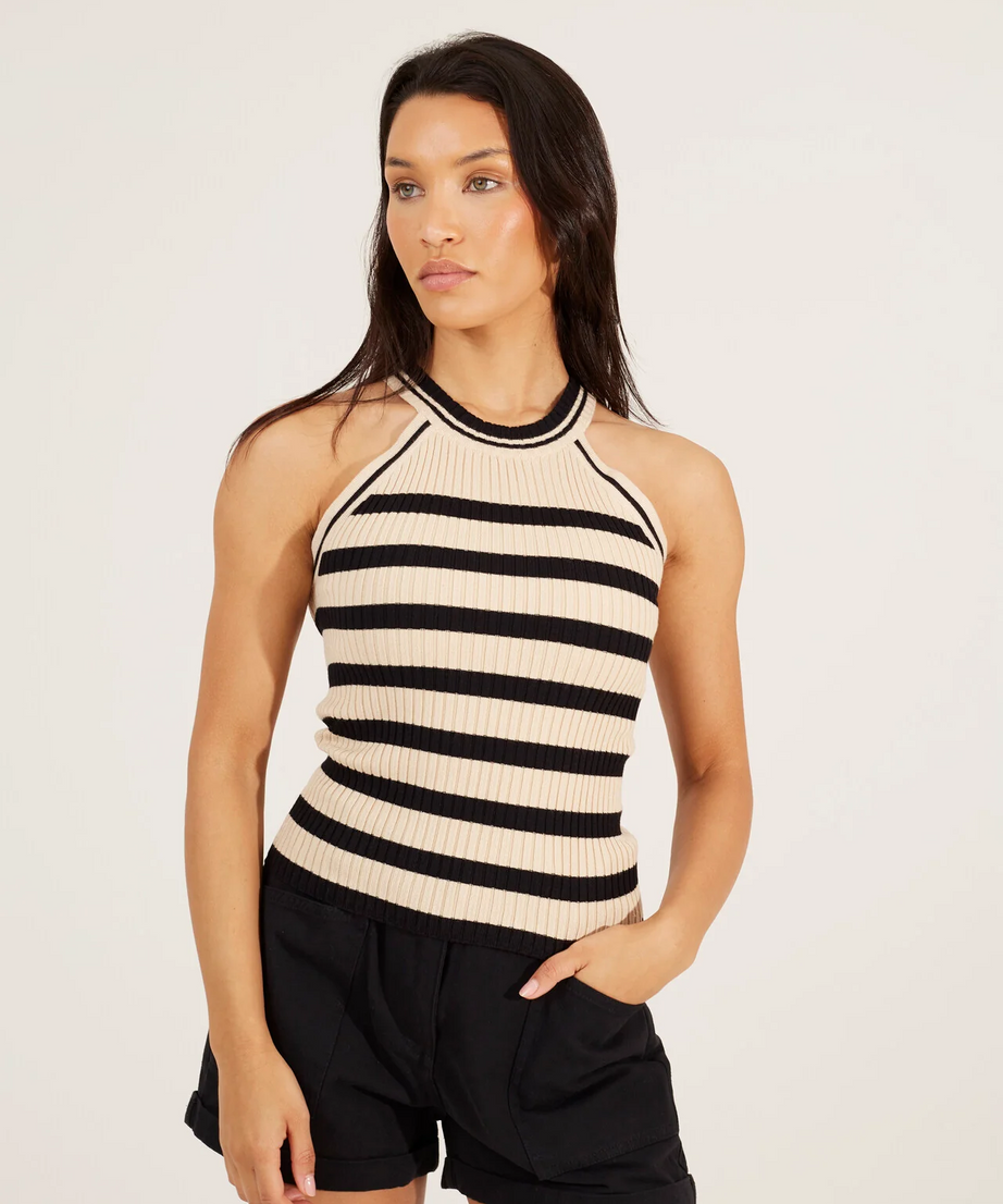Brave Soul Women’s Raceback Ribbed Knitted Vest – Beige/Black Stripe