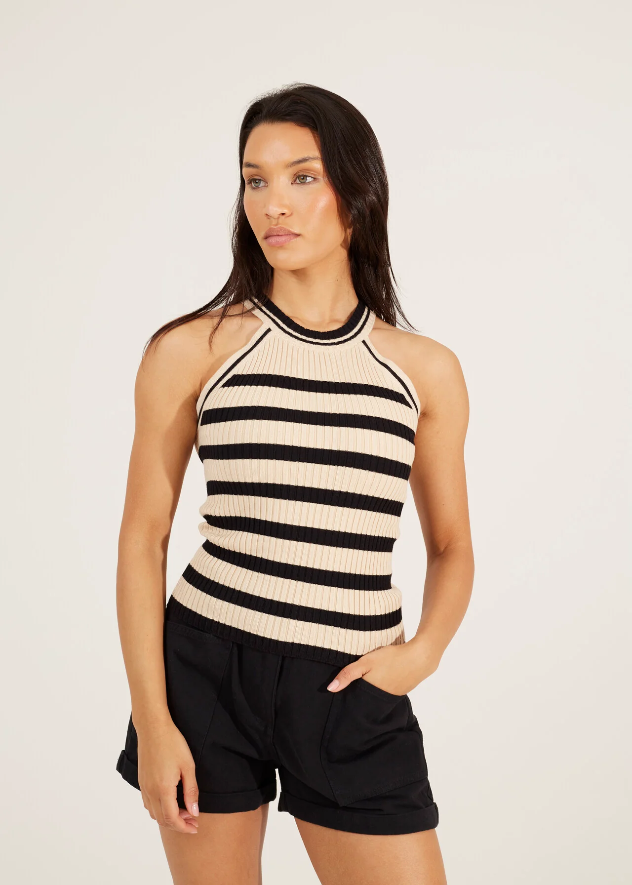 Brave Soul Women’s Raceback Ribbed Knitted Vest – Beige/Black Stripe