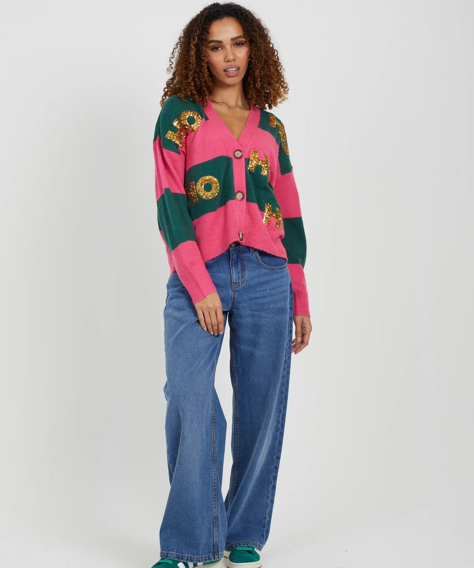 CHRISTMAS STRIPE CARDIGAN WITH SEQUIN APPLIQUE