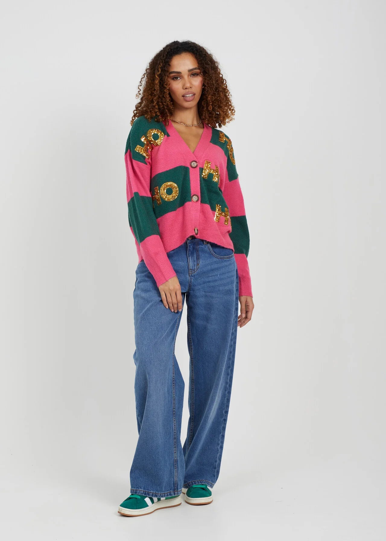 CHRISTMAS STRIPE CARDIGAN WITH SEQUIN APPLIQUE