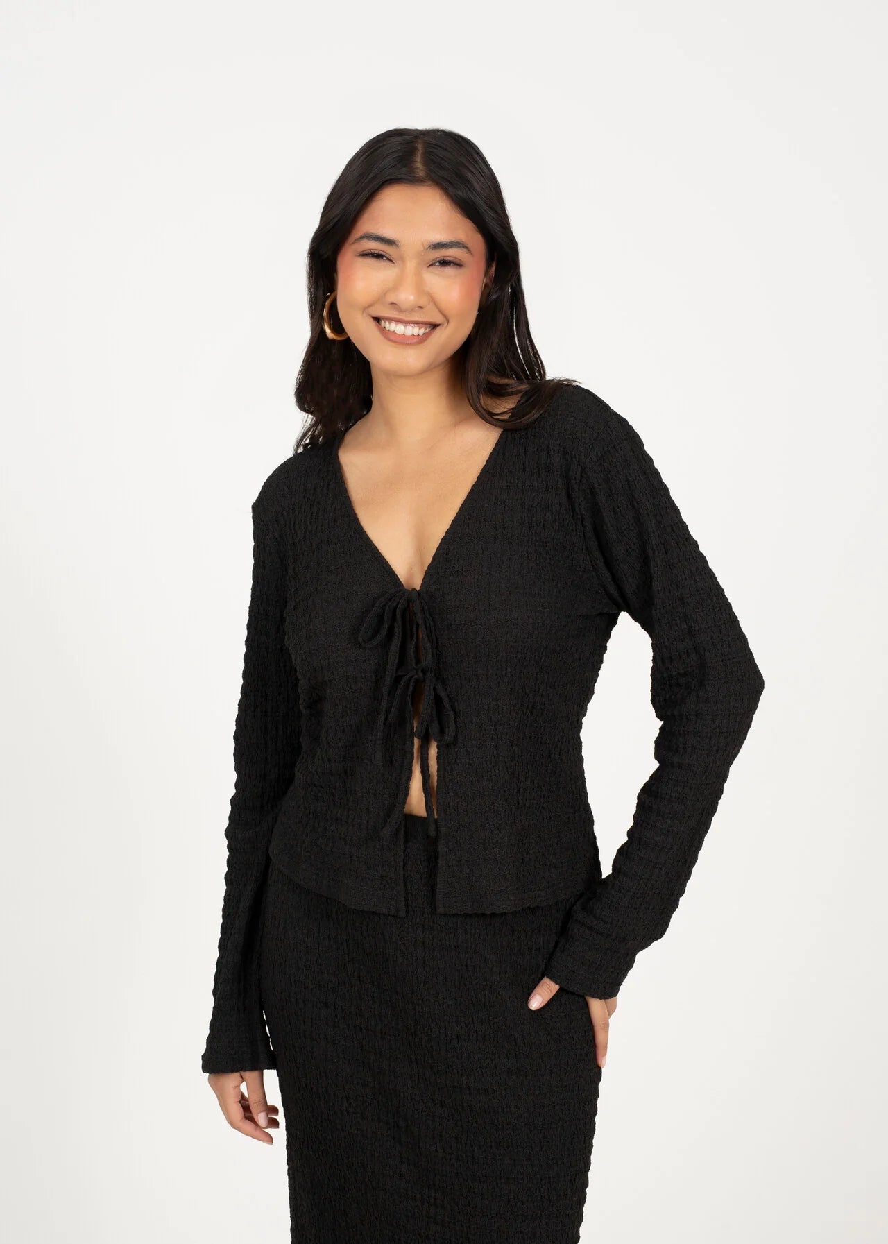 TEXTURED TIE FRONT LONG SLEEVE TOP, BLACK
