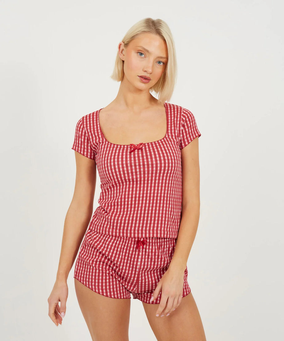 SHORT BOW DETAIL PYJAMA SET, RED/GINGHAM