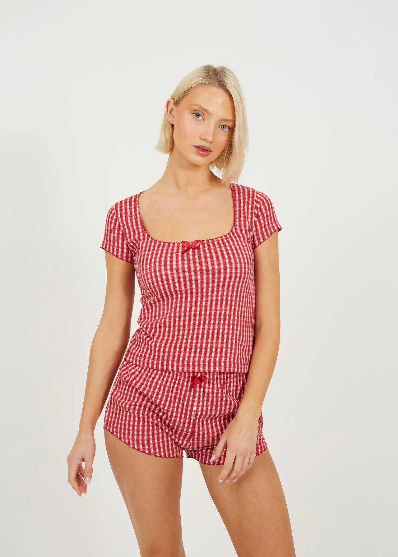 SHORT BOW DETAIL PYJAMA SET, RED/GINGHAM