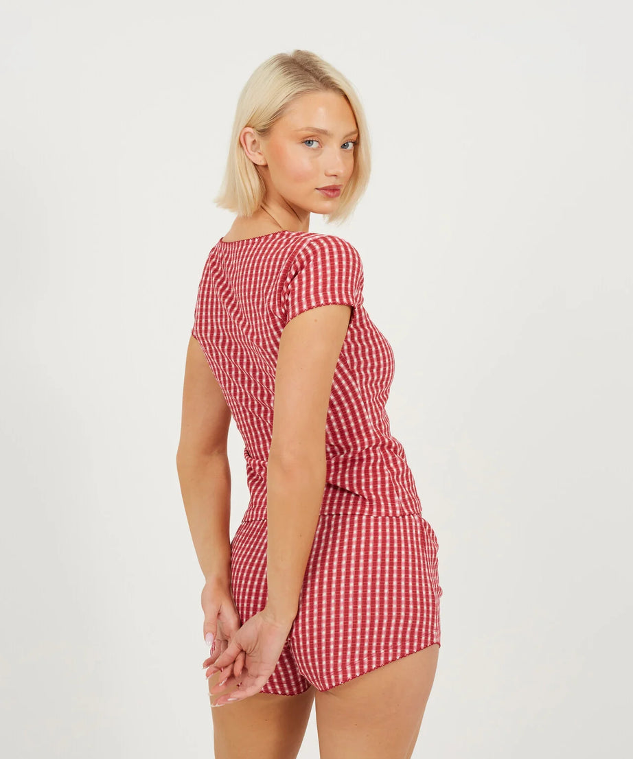 SHORT BOW DETAIL PYJAMA SET, RED/GINGHAM