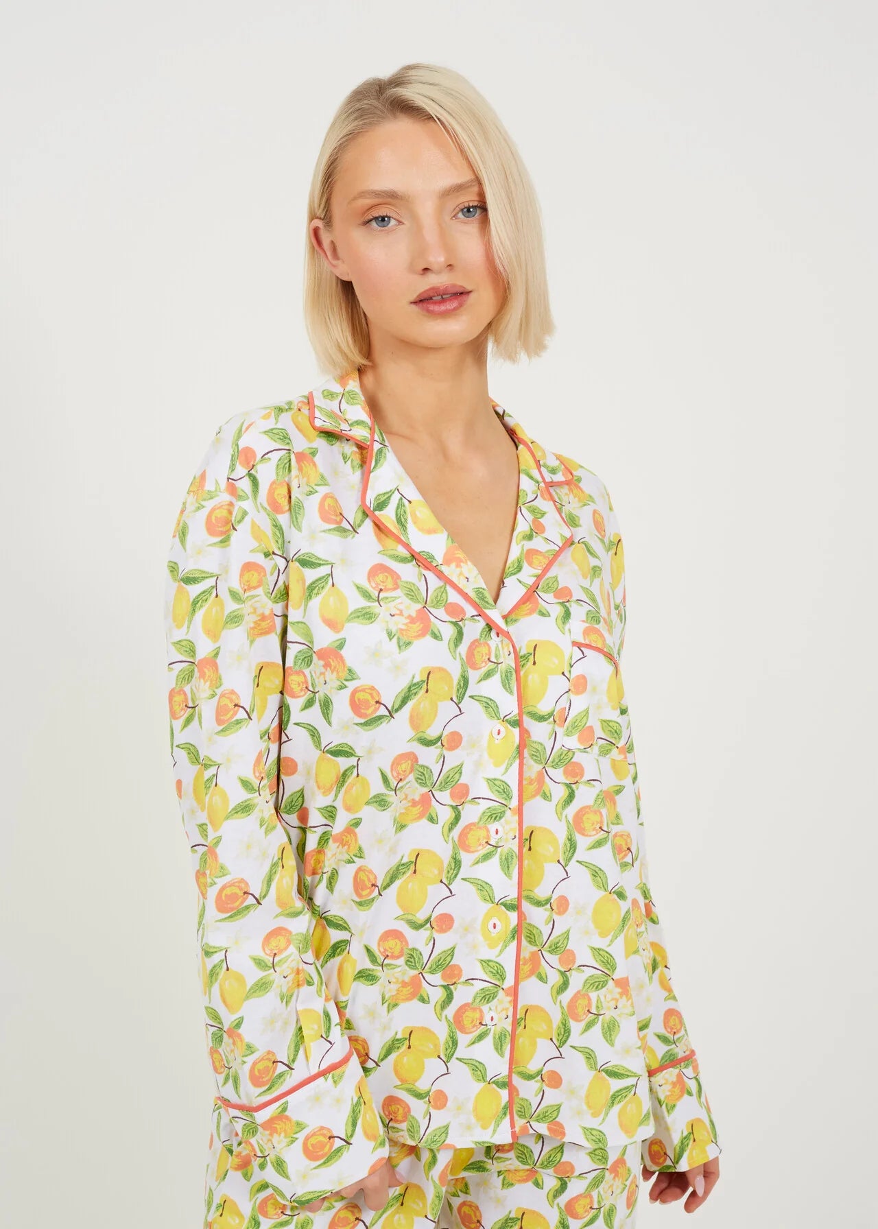 LONG SLEEVE BUTTON DOWN PJYAMA SET, CITRUS PRINT